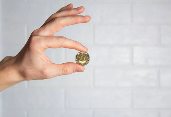 Bozuk parayı elinde tut. Kapatın. Yeni Kazakistan madeni parası 200 tenge. Para, banka, tasarruf, harcama.