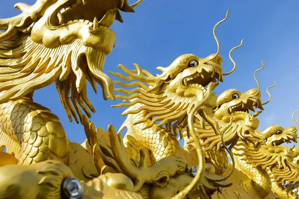 Mavi gökyüzü ile Çin altın ejderha — Stok fotoğraf
