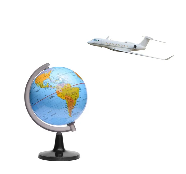 Airplane flies around the world — Stock Photo, Image