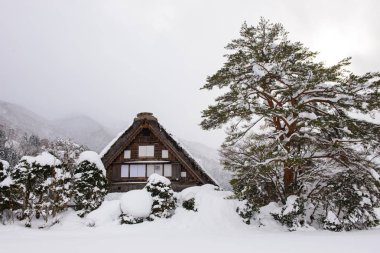 Kar yağışı ve Kış Güneşi, Gifu Chubu Japonya ile Shirakawago