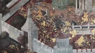 Bangkok, Tayland - 6 Mart 2018: Emerald Buda Wat Phra Kaew duvar ramayana hikaye üzerinde boyama