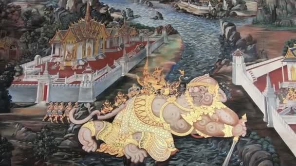 2018年3月6日 墙上的画 Ramayana 的故事在翡翠佛 笏垲或笏寺拉达纳 Satsadaram — 图库视频影像