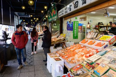 Sapporo, Japan - December 21, 2019 : Nijo market many shops that sell fresh local produce and seafood