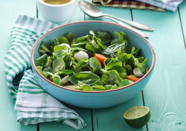 Yeşil avokado peyniri ve soslu yaz sebze salatası.