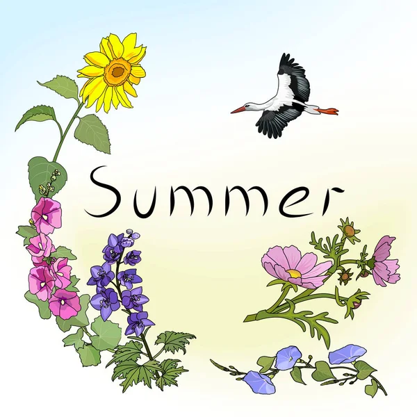 Tarjeta de verano con una cigüeña — Archivo Imágenes Vectoriales