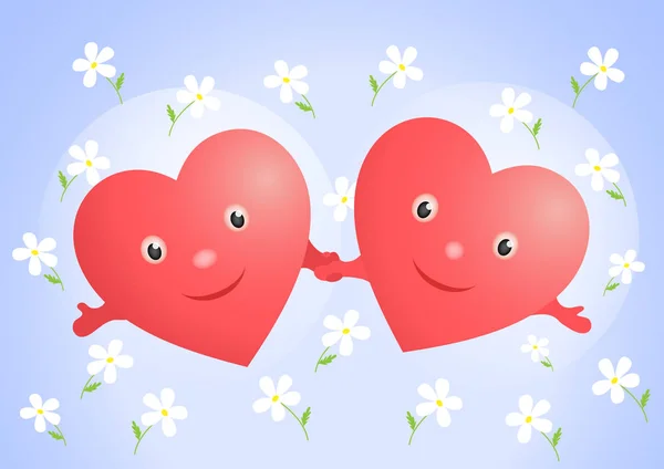 Two Happy Hearts White Flowers Blue Background — 图库矢量图片