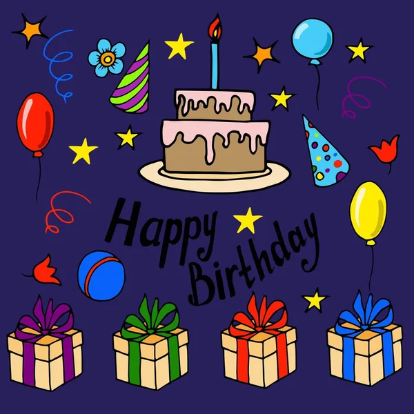 Set Celebrate Birthday Gifts Cake Blue Background — Stock Vector