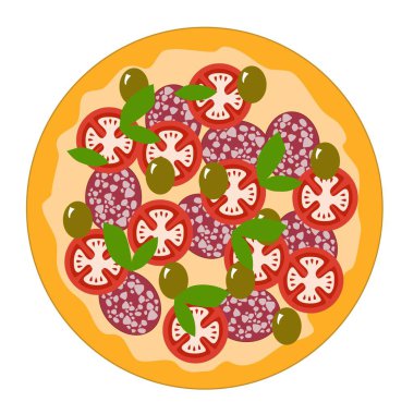 Salamlı ve domatesli pizza, beyaz arka planda izole edilmiş.