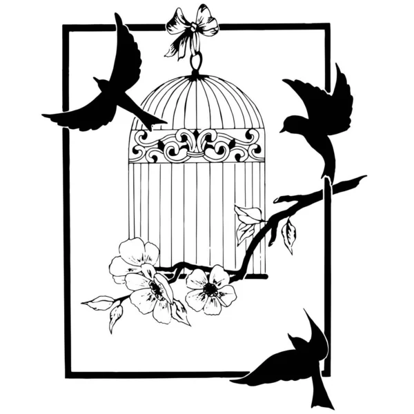 Dessin Avec Oiseaux Libres Dans Style Graphique Isolé Sur Fond — Image vectorielle