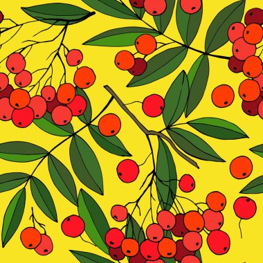 Rowan dalları ile kusursuz desen, Duvar kağıdı ve kumaşlar için süs, ambalaj kağıdı, farklı tasarım için arkaplan