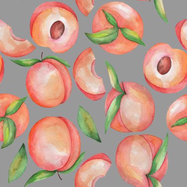 Kusursuz desen, suluboya çizimi, şeftali ve yapraklar resim, duvar kağıdı ve kumaşlar için süs, ambalaj kağıdı, farklı tasarım için arkaplan