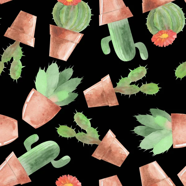 Naadloos Patroon Aquarelpatroon Cactus Een Zwarte Achtergrond — Stockfoto