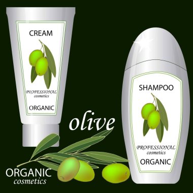 organik kozmetik seti, yeşil zeytin, vektör çizimi
