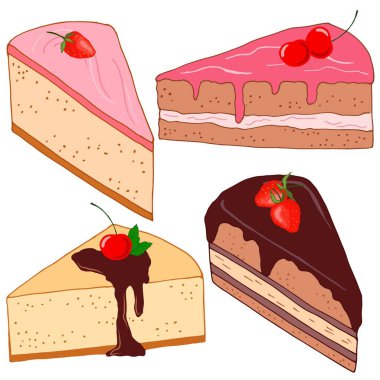 Farklı kremalı bir kek seti, vektör çizimi, beyaz arka planda izole edilmiş.