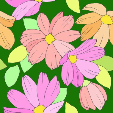 Yaz çiçekleriyle kusursuz desen, duvar kağıdı ve kumaş süsü, ambalaj kağıdı, farklı tasarımlar için arkaplan, yapıştırma kitabı