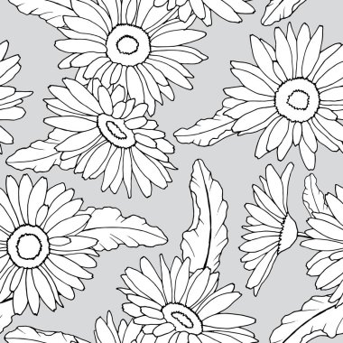 Gerbera çiçekleriyle kusursuz desen, grafik çizimi, duvar kağıdı ve kumaş süsü, ambalaj kağıdı, farklı tasarımlar için arkaplan, yapıştırma kitabı