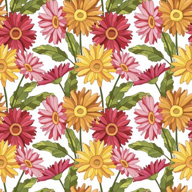 Gerbera çiçekleriyle kusursuz desen, duvar kağıdı ve kumaş süsü, ambalaj kağıdı, farklı tasarımlar için arkaplan, yapıştırma kitabı