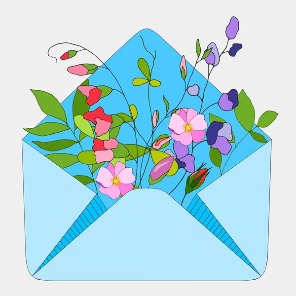 Composição Flores Envelope Ilustração Vetorial Isolar Fundo Cinza — Vetor de Stock