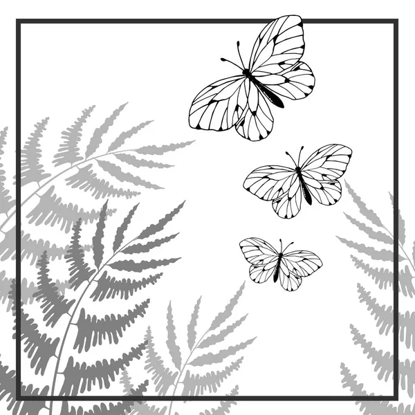 Ram Monokroma Färger Med Flora Och Fjärilar Vektor Illustration För — Stock vektor