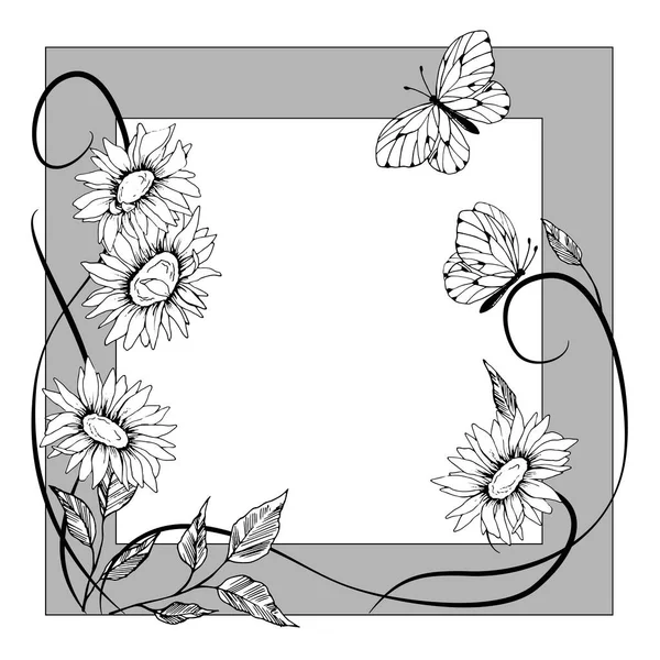 Una Cornice Colori Monocromatici Con Flora Farfalle Illustrazione Vettoriale Design — Vettoriale Stock