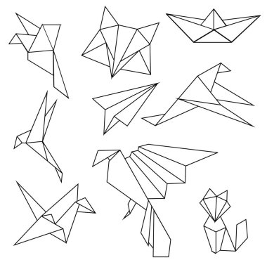 Grafikteki origami kağıt figürleri, vektör illüstrasyonu, beyaz arkaplanda izole et