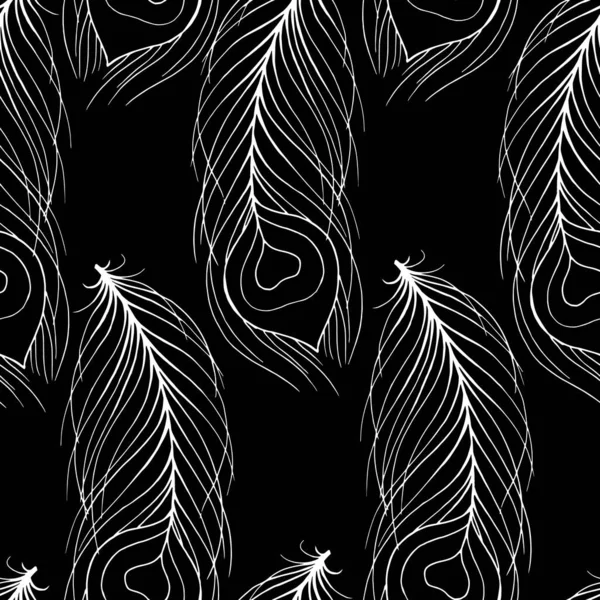 Бесшовный Узор Перьями Павлина Черно Белом Цвете Орнамент Обоев Тканей — стоковый вектор