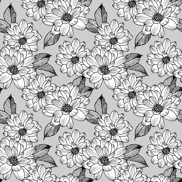 Hand Drawn Seamless Pattern Buds Flowers Dahlia Vector Nature Illustration — Stock Vector