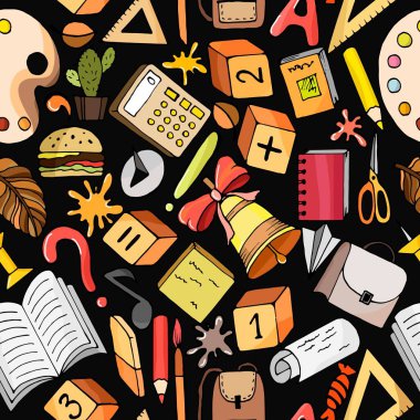 Okul malzemeleri ve kırtasiye malzemeleriyle kusursuz desen, duvar kâğıdı ve kumaşlar için süs, ambalaj kağıdı, farklı tasarımlar için arkaplan, yapıştırma kitabı