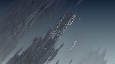 Geometrik fraktal, doğa manzarası, atmosferik 3D dijital illüstrasyon