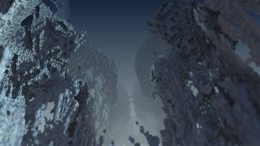 Geometrik fraktal, doğa mağarası kayaları kurak arazi, atmosferik çevre 3D illüstrasyon