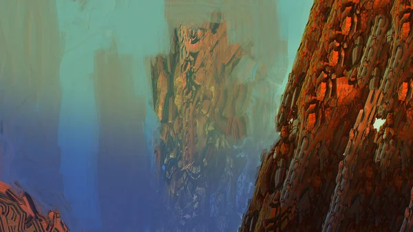 Digital painting, brush stroke, nature mountain landscape atmospheric 3d illustration