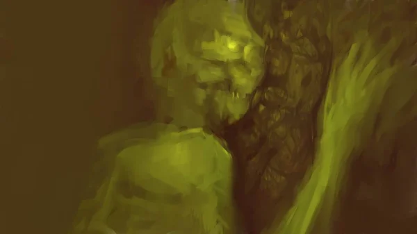 Digital traditional painting of a zombie creature embracing a giant brain, concept art brush stroke, storytelling illustration