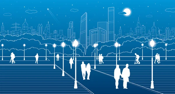 Városi táj, az emberek gyalog a tér, a városra a háttérben, utcai élet, a város éjszakai vector design art — Stock Vector