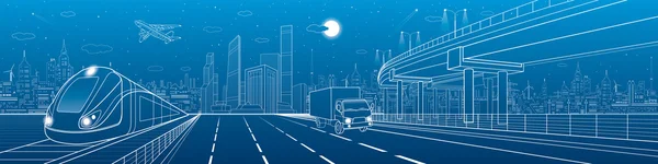 Automotive flyover, infrastructure and transportation panorama, truck rides, plane flies, train move on the railway, business center, night city, towers and skyscrapers, urban scene, vector design art — Stock Vector