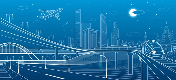 Auto-Überführung, städtische Infrastruktur, städtisches Grundstück, Flugzeug hebt ab, Zug bewegt sich auf der Brücke, Transport-Illustration, weiße Linien auf blauem Hintergrund, Vektor-Design-Kunst — Stockvektor