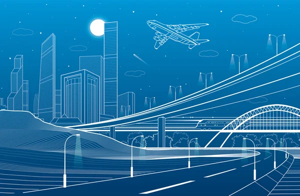 Auto-Überführung, städtische Infrastruktur, städtisches Grundstück, Flugzeug hebt ab, Zug bewegt sich auf der Brücke, Transport-Illustration, weiße Linien auf blauem Hintergrund, Vektor-Design-Kunst — Stockvektor