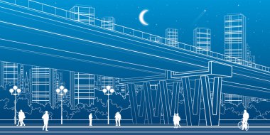 Köprü, mimari ve altyapı illüstrasyon, taşıma Üstgeçit, Otoban, beyaz çizgiler kentsel sahne, insanlar yürürken, insanlar, gece şehir arka planda, vektör tasarım sanat