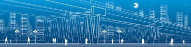 Köprü, mimari ve altyapı panorama, taşıma Üstgeçit, Otoban, beyaz çizgiler kentsel sahne, insanlar yürürken, insanlar, gece şehir arka planda, vektör tasarım sanat