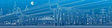 Mimari ve altyapı panorama, taşıma Üstgeçit, Otoban, büyük köprü, beyaz çizgiler kentsel sahne, gece şehir arka planda, vektör tasarım sanat