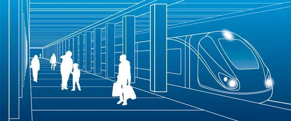 Станция метро, люди с вещами сошли с поезда, городской пейзаж, транспортная иллюстрация, белые линии на синем фоне, векторный дизайн искусства — стоковый вектор