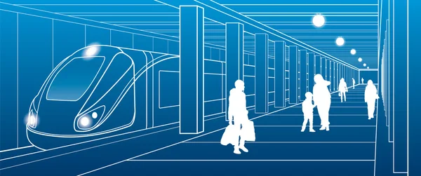 Metrostation, mensen met dingen stapte uit de trein, de scène van de stad, vervoer illustratie, witte lijnen op blauwe achtergrond, vector design kunst — Stockvector