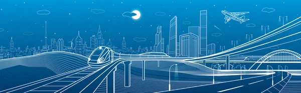 Auto-Überführung, städtische Infrastruktur, städtisches Grundstück, Flugzeug hebt ab, Zug bewegt sich auf der Brücke, Transport-Illustration, weiße Linien auf blauem Hintergrund, Vektor-Design-Kunst — Stockvektor