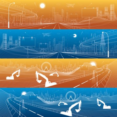 Otomobil Üstgeçit, altyapı ve ulaşım panorama, uçak sinek, tren hareket Köprüsü, İş Merkezi, gece ve gündüz şehir, kuleleri ve gökdelenler, kentsel sahne, vektör tasarım sanat üzerinde