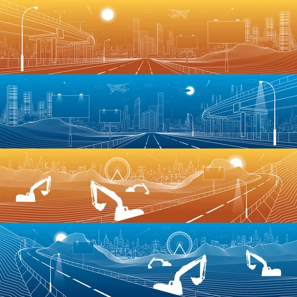 Automobile overpass, infrastructure and transportation panorama, airplane fly, train move on the bridge, business center, day and night city, towers and skyscrapers, urban scene, vector design art — Stock Vector
