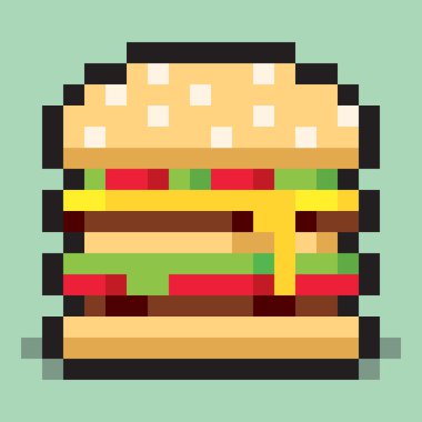Piksel sanat, minimalist hamburger, düz lokanta, vektör tasarım nesnesi, web simgesi