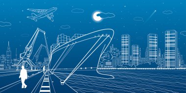 Kargo gemisi yükleniyor, teknede su, deniz limanı, uçak sinek, ulaşım illüstrasyon, insanlar yürüyüş alan gezinti yolu üzerinde vektör tasarım sanat