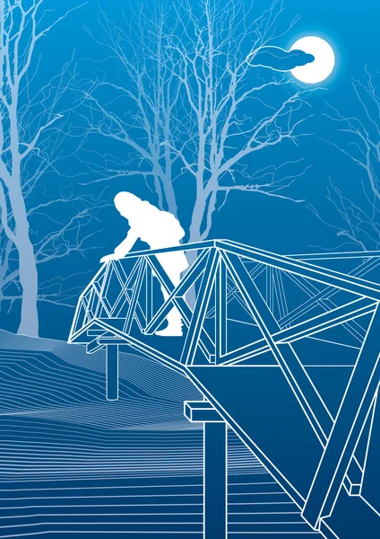 Chica en el puente, ramas de árboles, parque nocturno, líneas blancas ilustración sobre fondo azul. arte de diseño vectorial — Vector de stock
