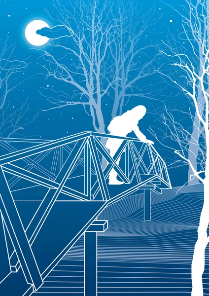 Köprü, ağaçlar, gece park, mavi zemin üzerine beyaz çizgiler çizim dallarında kız. vektör tasarım sanat — Stok Vektör