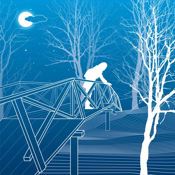 Mädchen auf der Brücke, Äste von Bäumen, Nachtpark, weiße Linien Illustration auf blauem Hintergrund. Vektordesign-Kunst — Stockvektor