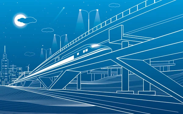 Train move on the bridge, night city and overpass, industrial and transportation illustration, white lines landscape, night town, vector design art — Stock Vector